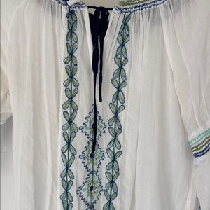 Vintage Poupette St. Barth White Blouse with Blue and Green Embroidery